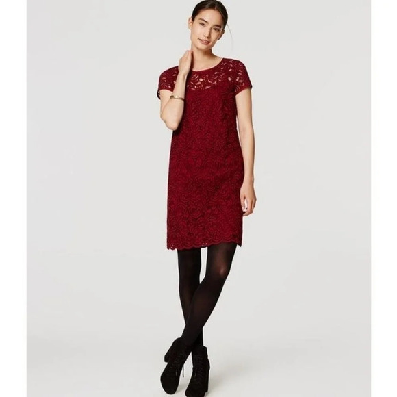 Loft Burgundy Lace Shift Dress - Picture 1 of 7